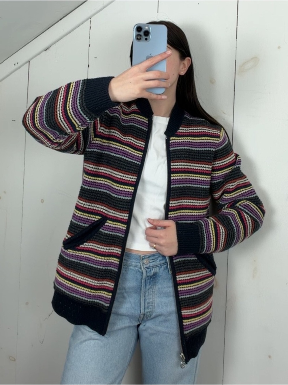 Colorful Striped Full Zip Wool Knit Reversible Cardigan Sweater Jacket Women’s S